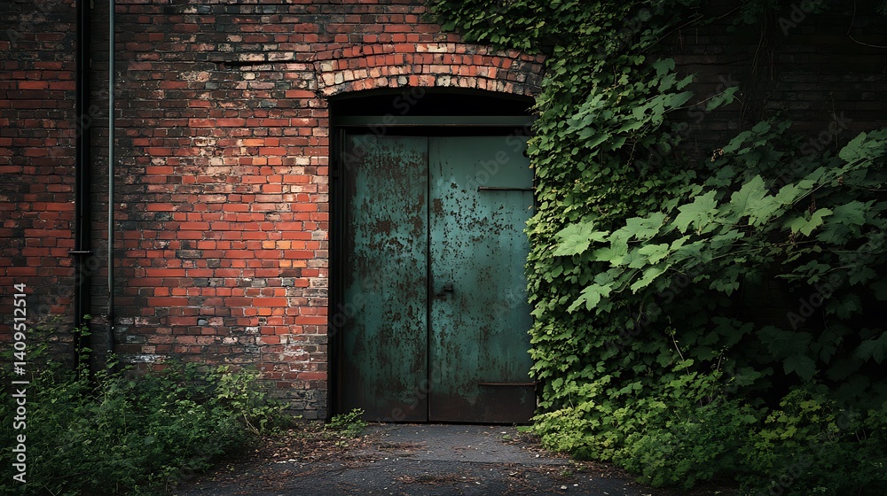 Weathered Green Metal Door in a Rustic Brick Wall with Lush Green Foliage