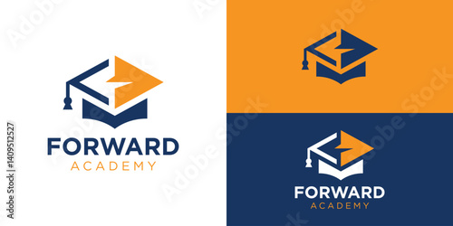 Creative forward academy logo template. Arrow and graduation hat logo design vector illustration.