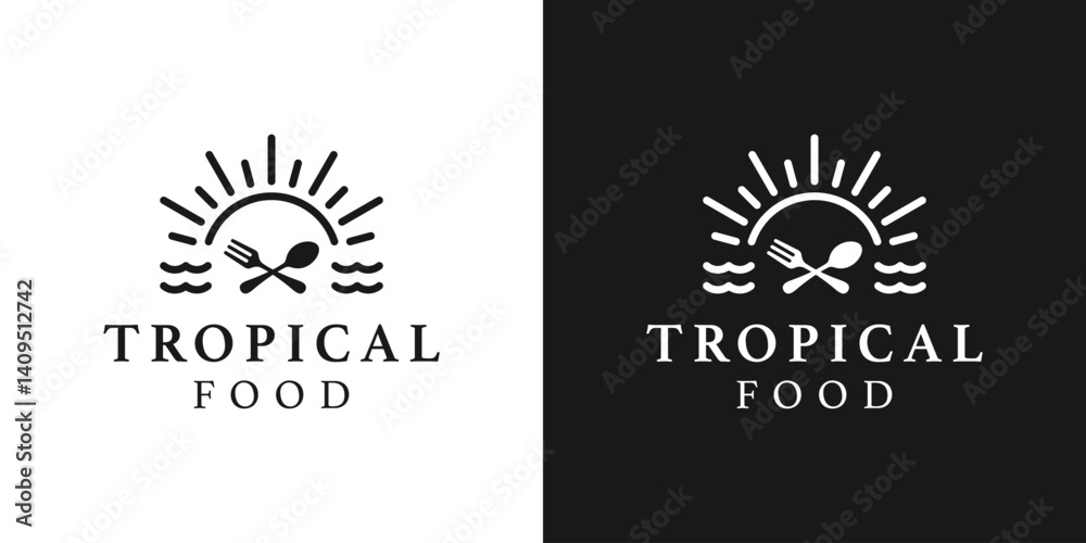 Fototapeta premium Creative tropical food logo template. Sun with food symbol logo design vector illustration.