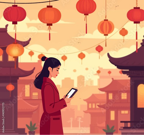 Woman uses tablet in Chinatown with lanterns overhead