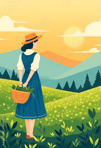 Woman with Basket in Field at Sunset Landscape