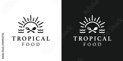Creative tropical food logo template. Sun with food symbol logo design vector illustration.