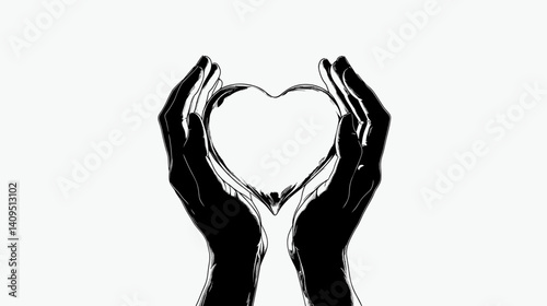 Stylized black and white illustration of praying hands with a glowing heart in the middle, vector art symbolizing love and devotion