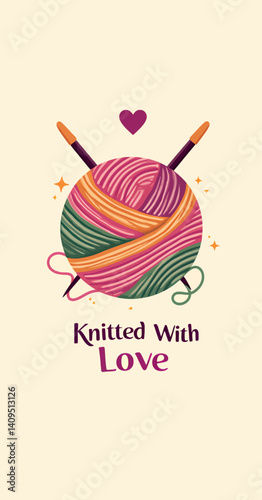 Yarn ball with knitting needles and heart above