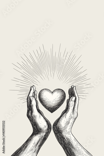Stylized black and white illustration of praying hands with a glowing heart in the middle, vector art symbolizing love and devotion