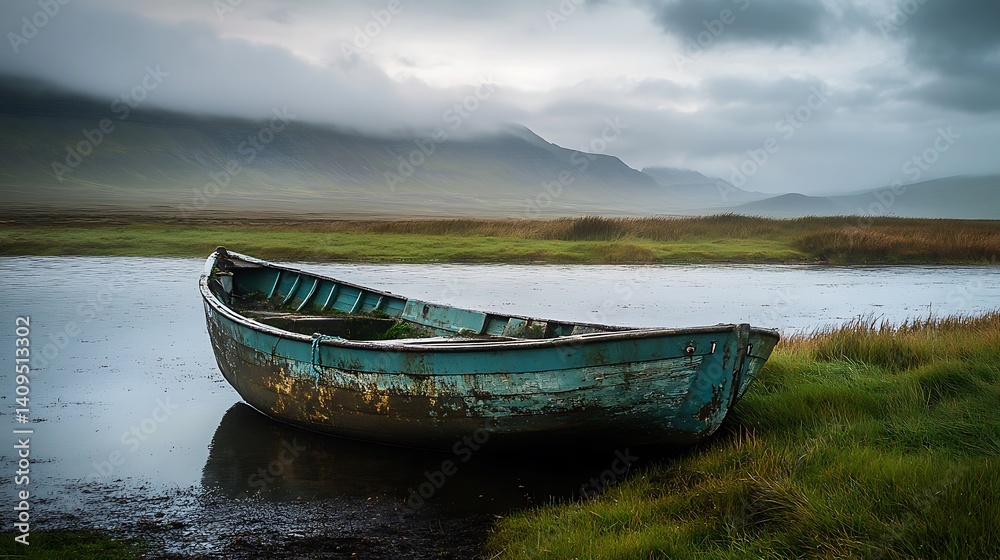 Weathered Turquoise Boat Resting on Calm Water Near Green Grassy Shoreline with Cloudy Mountainous