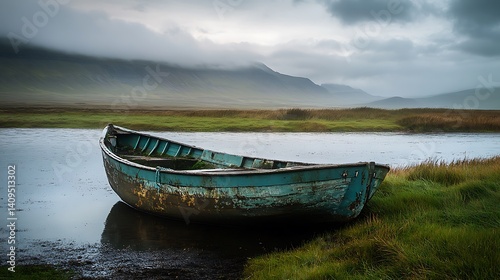 Obraz na płótnie Weathered Turquoise Boat Resting on Calm Water Near Green Grassy Shoreline with Cloudy Mountainous w salonie