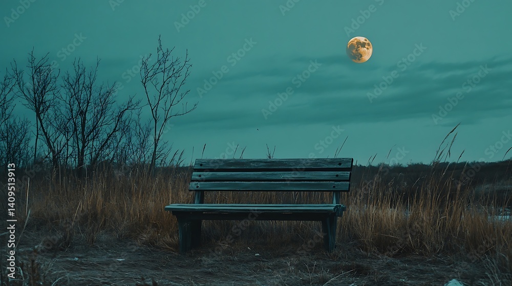 Weathered Wooden Bench Under A Pixelated Moon In A Dark Night Sky