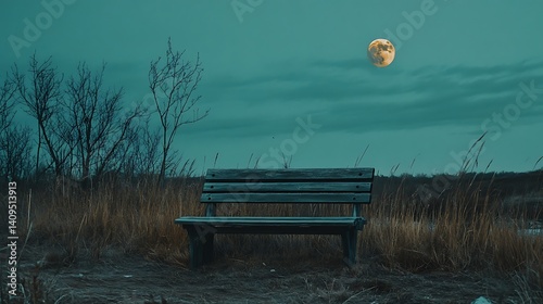 Obraz na płótnie Weathered Wooden Bench Under A Pixelated Moon In A Dark Night Sky w salonie