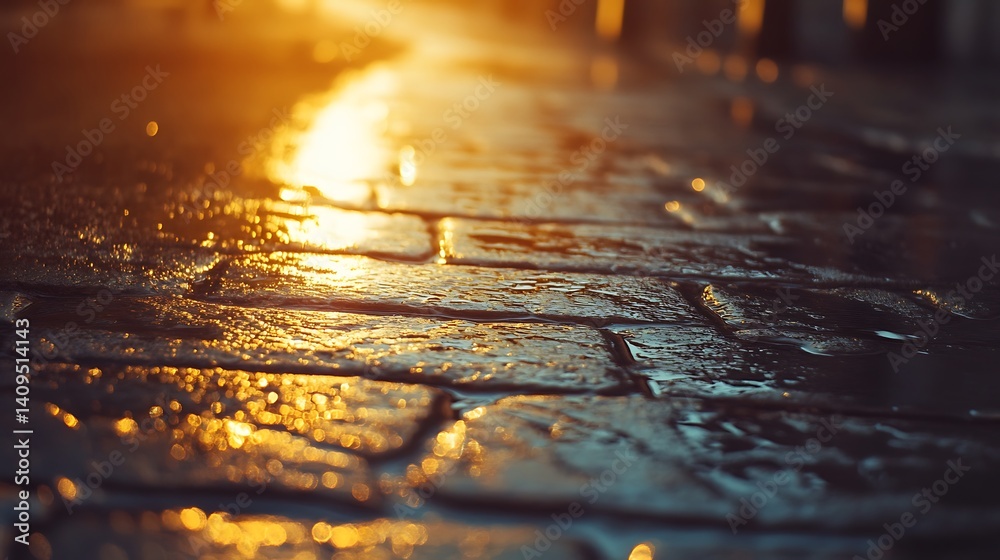 Wet Cobblestone Street Reflecting Warm Golden Light During Nighttime Scene