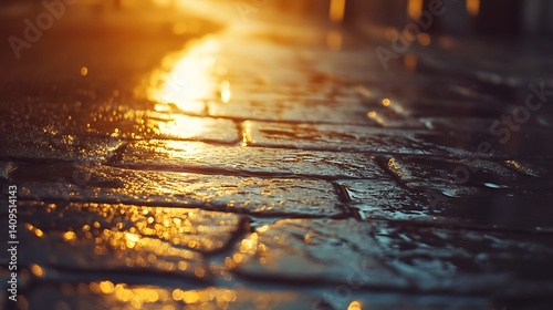 Obraz na płótnie Wet Cobblestone Street Reflecting Warm Golden Light During Nighttime Scene w salonie