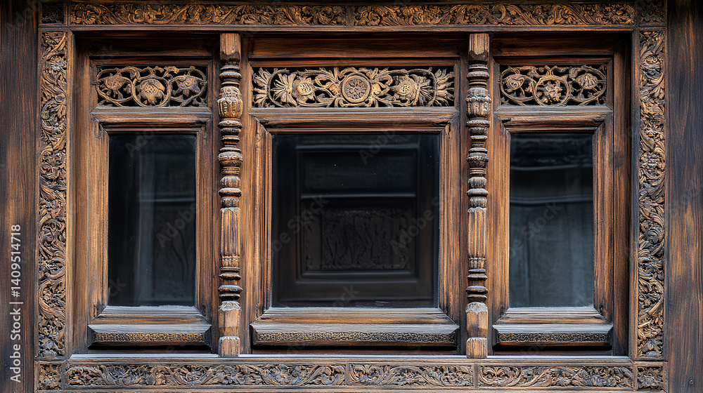 Obraz premium wooden windows with beautiful carvings, vintage and ancient