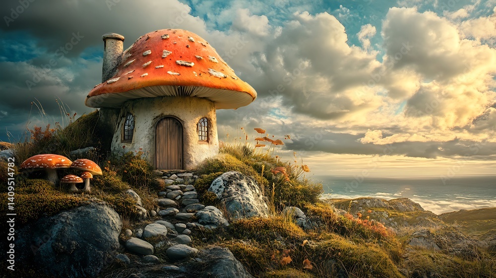 Whimsical Mushroom House Perched On A Hillside With Cloudy Sky And Distant Sea