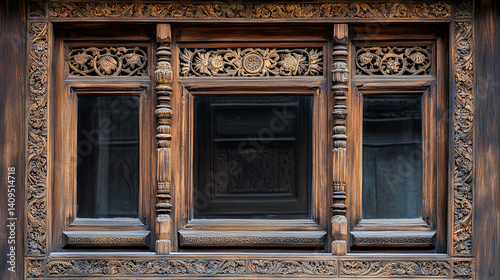 wooden windows with beautiful carvings, vintage and ancient