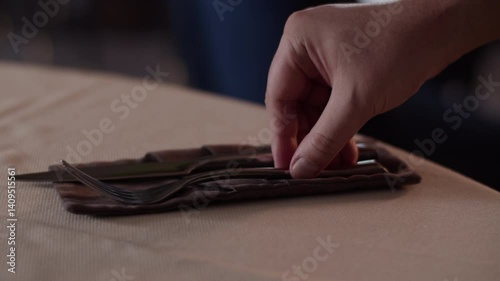 Unrecognizable waiter placing fork and knife on cloth