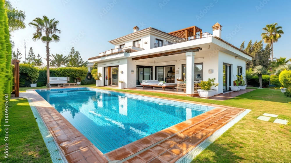 Fototapeta premium Luxury villa with a private pool and garden in a sunny summer setting.