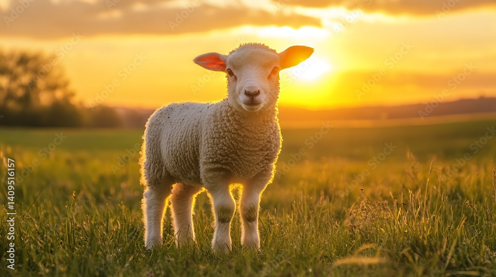White Lamb Standing In Green Field Facing Camera During Golden Hour Sunlight