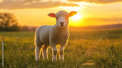 Obraz na płótnie White Lamb Standing In Green Field Facing Camera During Golden Hour Sunlight w salonie
