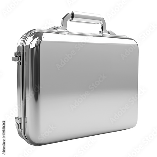 Shiny metal briefcase with handle on transparent background