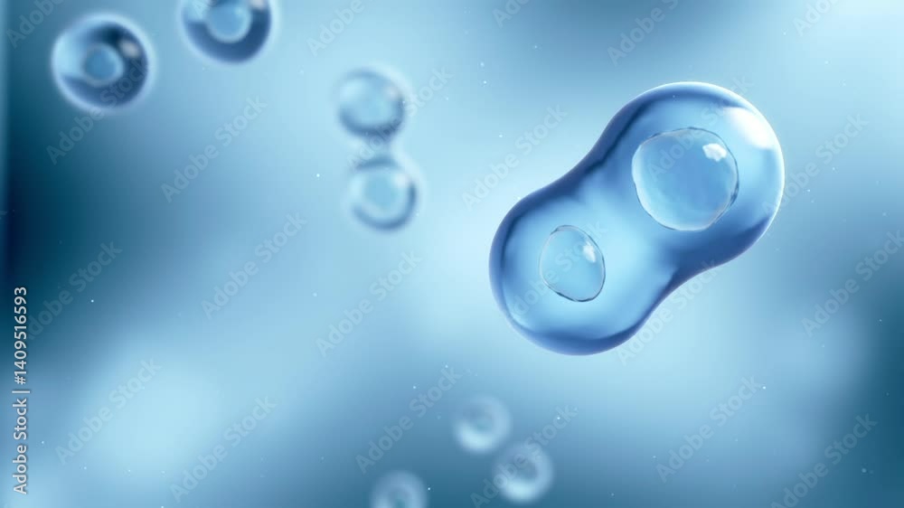 Stem cells dividing under the microscope. Cell division or cloning cells. Cloning closeup. Mitosis in process.3d Animation, Brighting background.