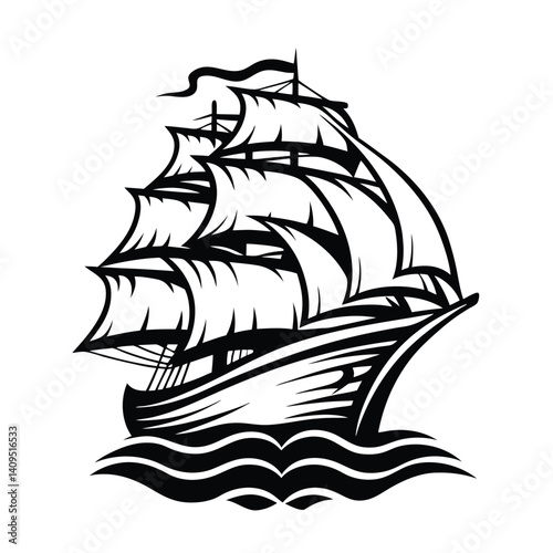 Black Silhouette of a Classic Sailing Ship on Water with Detailed Sails and Rigging