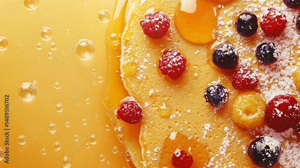 A festive National Pancake Day scene with fluffy pancakes, syrup, fresh berries