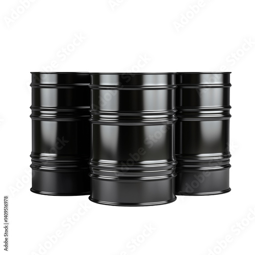 Three black oil barrels on transparent background