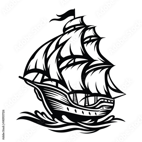Sailing Ship on Waves Black Silhouette Antique Vessel, Old Boat, Maritime Icon