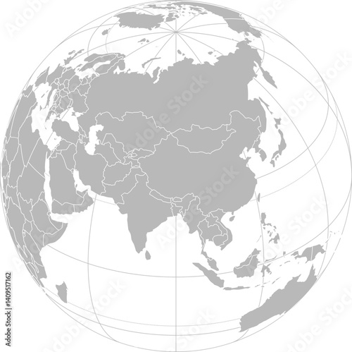 World vector map with country boundaries and graticules (Asia-centered view, orthographic projection, PPT-compatible & fully editable)