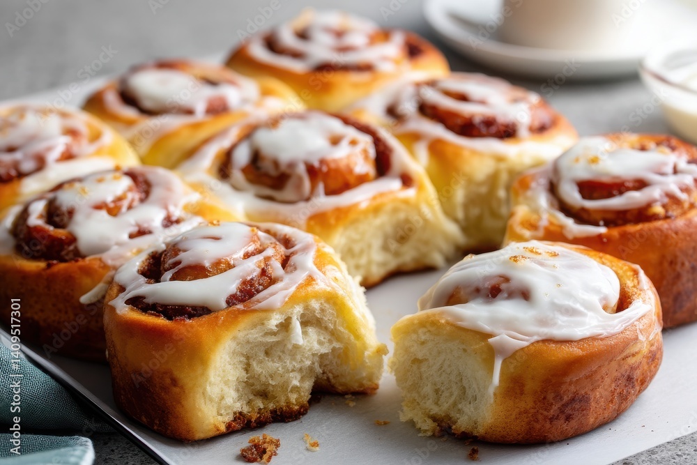 Delicious Cinnamon Rolls with Creamy Icing on Modern Kitchen Table