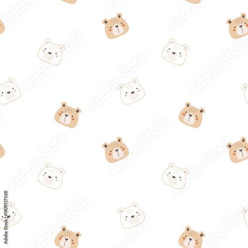 Seamless pattern with light brown and white bears on a white background. Cute childish design with wild animals. Vector illustration. 