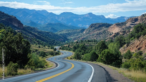 Winding road through lush green valleys with majestic mountains under a bright blue sky