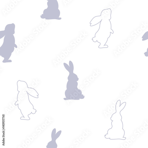 Seamless pattern with light blue bunny rabbits silhouettes on a white background. Cute childish design with animals. Vector illustration. 