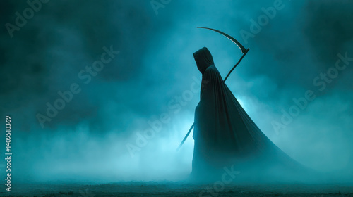 Dark grim reaper silhouette holding a large scythe standing in foggy misty atmosphere under teal moonlight