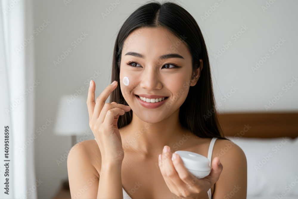 Closeup beautiful young asian woman smile applying sunscreen cream lotion on skin care at bedroom, beauty asia girl makeup and cosmetic for smooth and silky, wellness and health concept