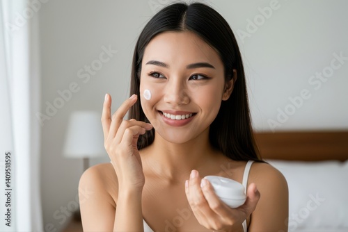 Obraz na płótnie Closeup beautiful young asian woman smile applying sunscreen cream lotion on skin care at bedroom, beauty asia girl makeup and cosmetic for smooth and silky, wellness and health concept w salonie