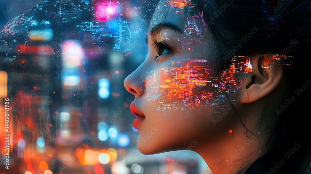 Woman In Profile With City Lights Reflected On Her Face In A Futuristic Digital Art Style