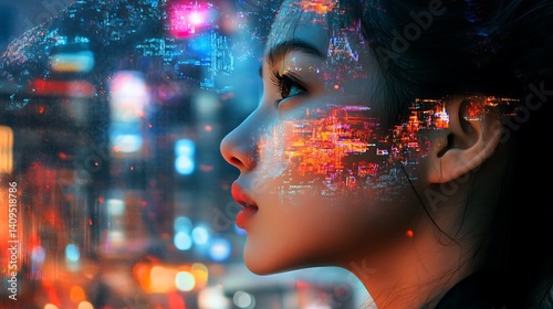 Obraz na płótnie Woman In Profile With City Lights Reflected On Her Face In A Futuristic Digital Art Style w salonie