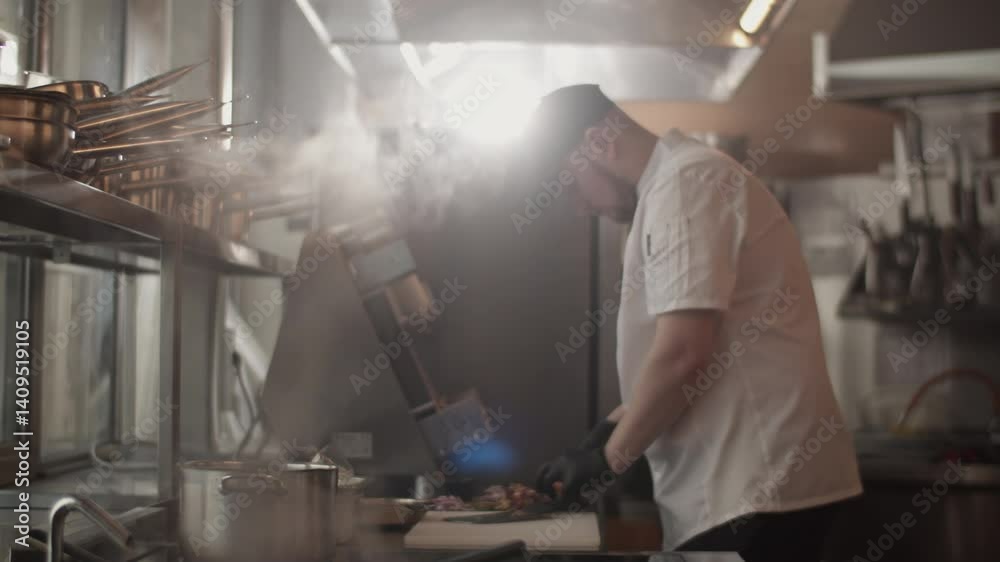 Professional man chef in cap arranging cooked dish on plate