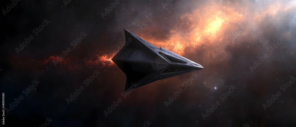Naklejka premium Dark, futuristic spacecraft soaring through a vibrant nebula