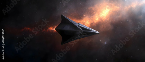 Fototapeta Naklejka Na Ścianę i Meble -  Dark, futuristic spacecraft soaring through a vibrant nebula