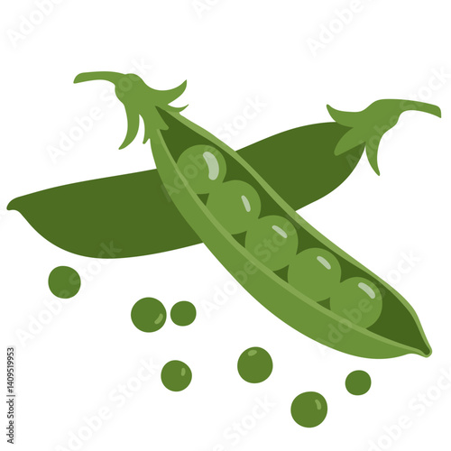Fresh Green Pea Pod Illustration with Scattered Peas