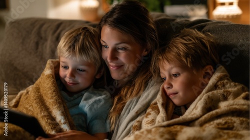 A mother and her two sons are snuggled on a couch watching something on a tablet under a blanket
