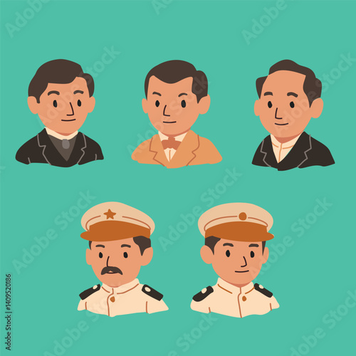 Philippine Heroes Vector Set - Rizal, Bonifacio, General Luna, Mabini, Del Pilar in Kids Book Style