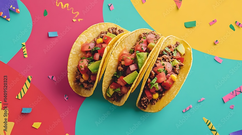 A festive National Taco Day scene with soft tacos filled with seasoned meat, fresh salsa, and avocado