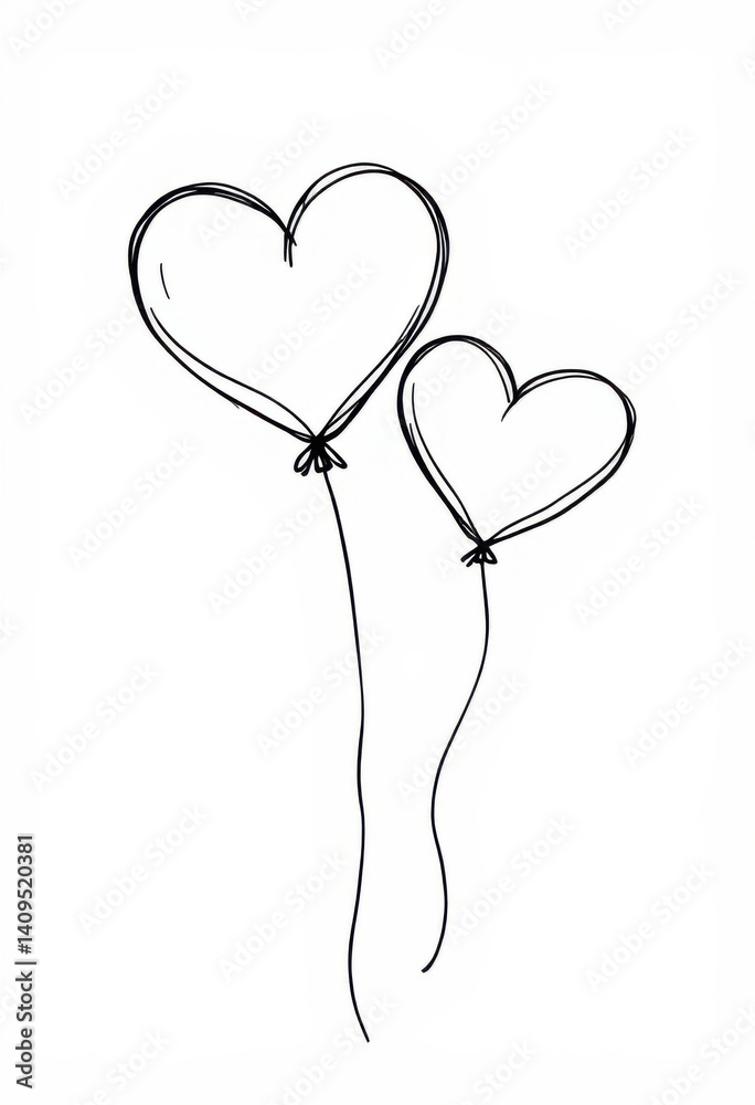 Minimalist black line art drawing of two heart-shaped balloons on white background in sketch style Minimalist black line art drawing of two heart-shaped balloons on white background in sketch style