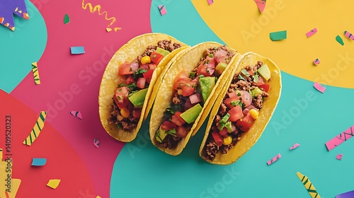 Obraz na płótnie A festive National Taco Day scene with soft tacos filled with seasoned meat, fresh salsa, and avocado w salonie