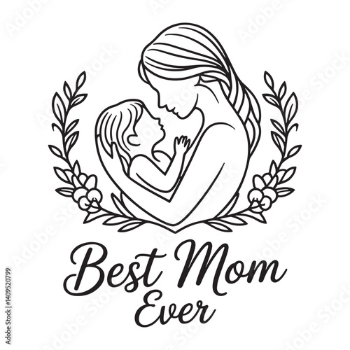 Line art illustration depicting a mother cradling her child, both facing each other with an intimate gaze. Surrounding them are decorative floral elements forming a semi-circle.