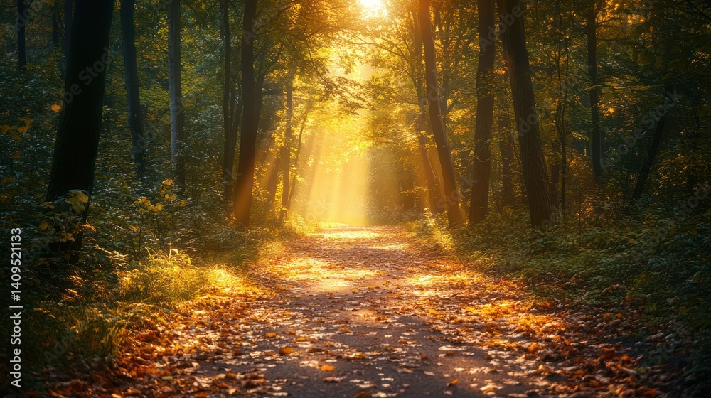 Fototapeta premium Sunlight filtering through the trees in an autumn forest trail path