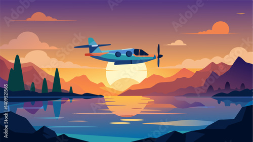 A tingedge air taxi traveling over a tranquil lake offering a serene view of colorful sunset skies.. Vector illustration